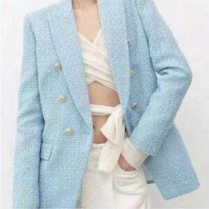 Jason Wu baby blue tweed double breasted blazer gold buttons s small